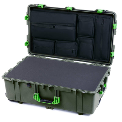 Pelican 1650 Case, OD Green with Lime Green Handles & Push-Button Latches Pick & Pluck Foam with Laptop Computer Lid Pouch ColorCase 016500-0201-130-301