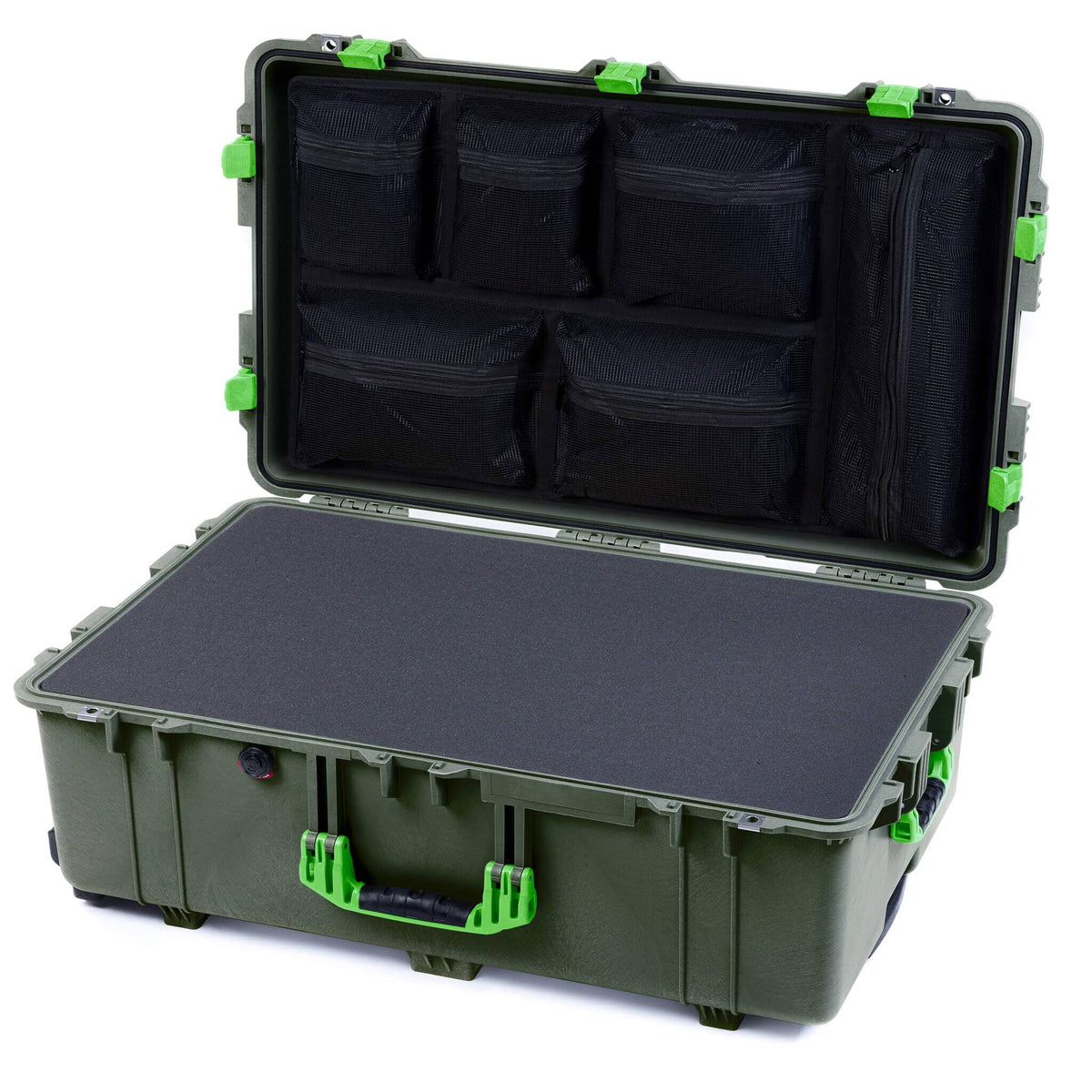 Pelican 1650 Case, OD Green with Lime Green Handles &amp; Latches Pick &amp; Pluck Foam with Mesh Lid Organizer ColorCase 016500-0101-130-300