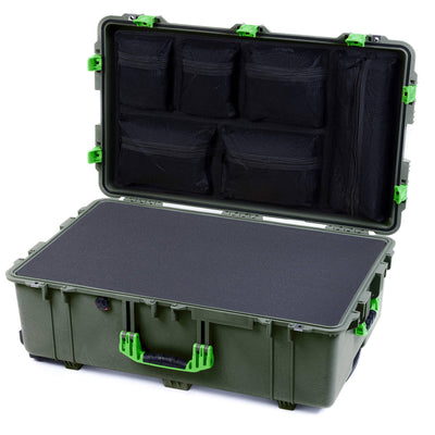Pelican 1650 Case, OD Green with Lime Green Handles & Push-Button Latches Pick & Pluck Foam with Mesh Lid Organizer ColorCase 016500-0101-130-301