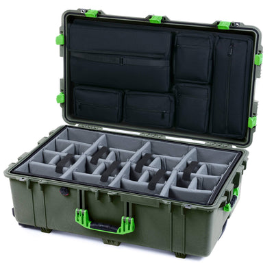 Pelican 1650 Case, OD Green with Lime Green Handles & Latches Gray Padded Microfiber Dividers with Laptop Computer Lid Pouch ColorCase 016500-0270-130-300