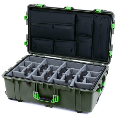 Pelican 1650 Case, OD Green with Lime Green Handles & Push-Button Latches Gray Padded Microfiber Dividers with Laptop Computer Lid Pouch ColorCase 016500-0270-130-301