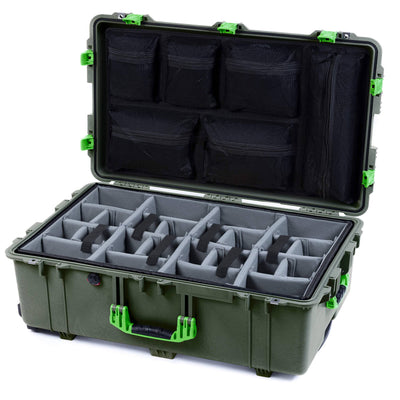 Pelican 1650 Case, OD Green with Lime Green Handles & Push-Button Latches Gray Padded Microfiber Dividers with Mesh Lid Organizer ColorCase 016500-0170-130-301