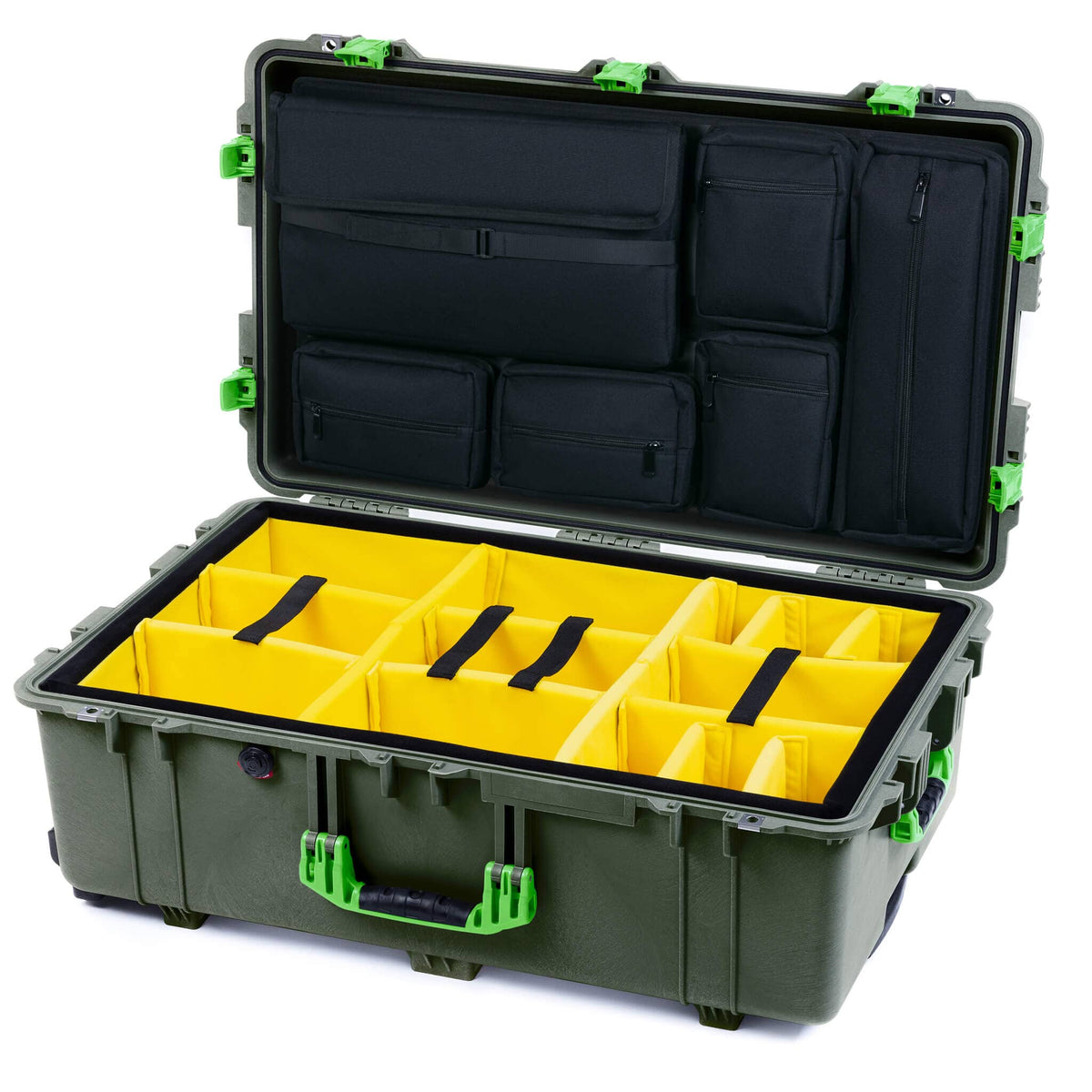 Pelican 1650 Case, OD Green with Lime Green Handles &amp; Push-Button Latches Yellow Padded Microfiber Dividers with Laptop Computer Lid Pouch ColorCase 016500-0210-130-301