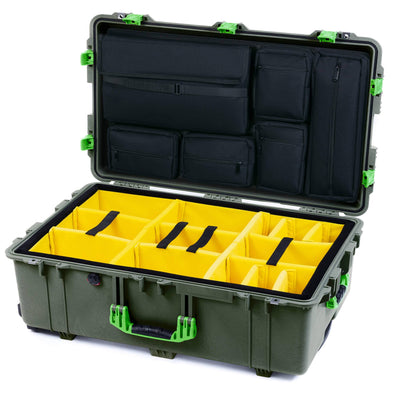 Pelican 1650 Case, OD Green with Lime Green Handles & Push-Button Latches Yellow Padded Microfiber Dividers with Laptop Computer Lid Pouch ColorCase 016500-0210-130-301