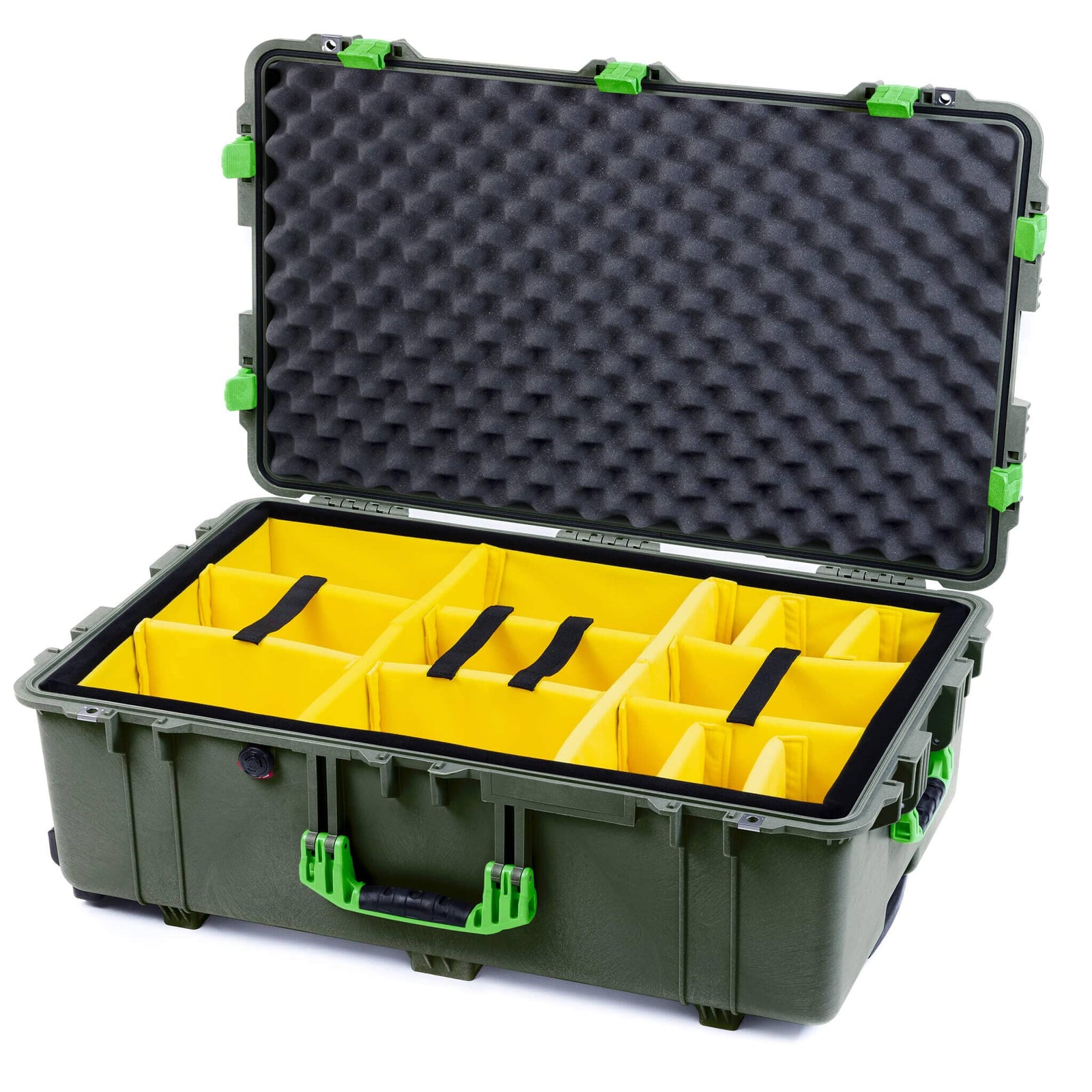 Pelican 1650 Case, OD Green with Lime Green Handles & Latches Yellow Padded Microfiber Dividers with Convoluted Lid Foam ColorCase 016500-0010-130-300