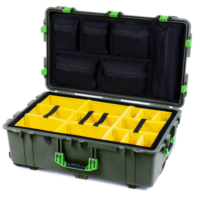 Pelican 1650 Case, OD Green with Lime Green Handles & Latches Yellow Padded Microfiber Dividers with Mesh Lid Organizer ColorCase 016500-0110-130-300