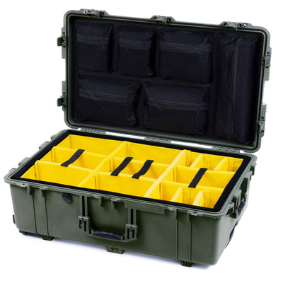 Pelican 1650 Case, OD Green (Push-Button Latches) Yellow Padded Microfiber Dividers with Mesh Lid Organizer ColorCase 016500-0110-130-131