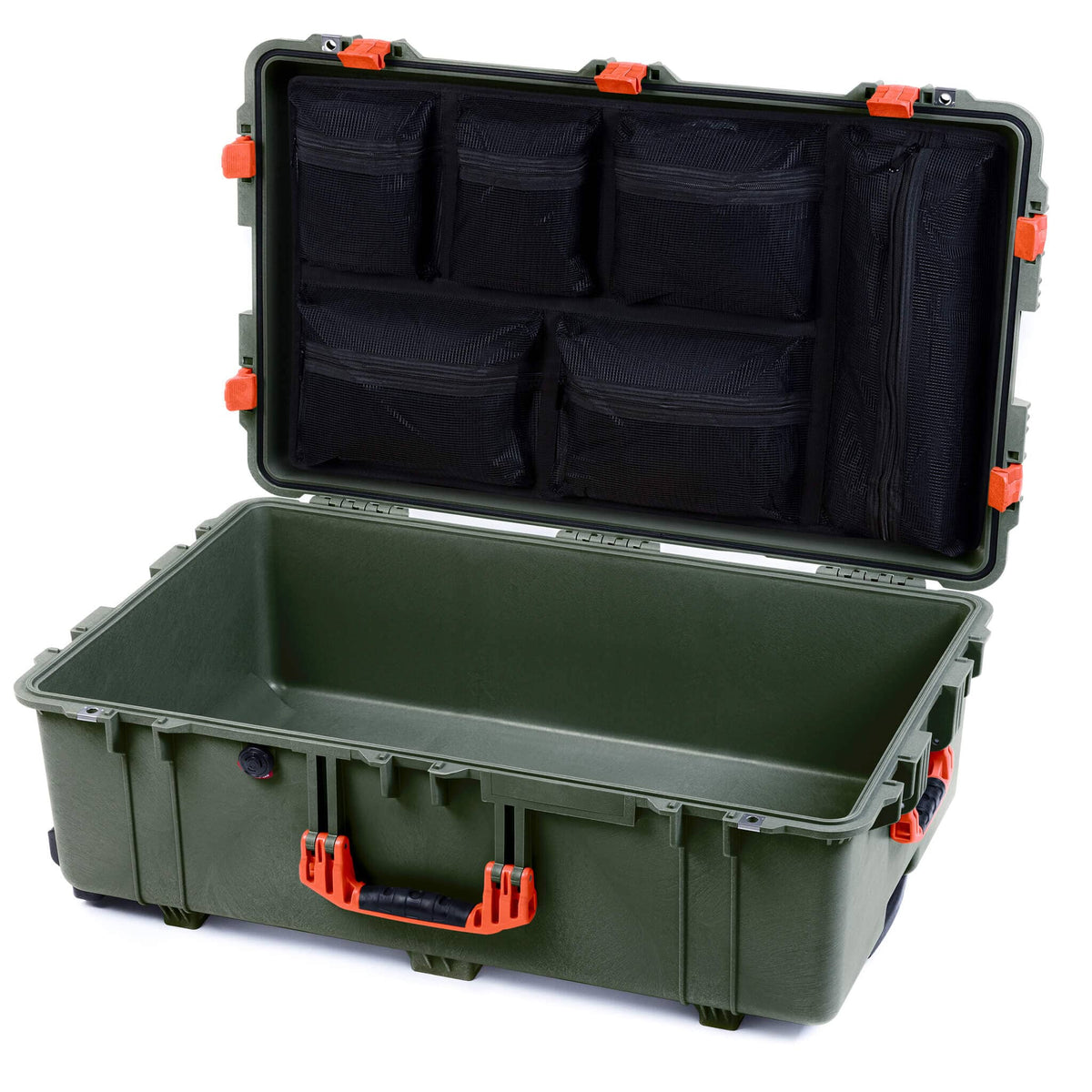 Pelican 1650 Case, OD Green with Orange Handles &amp; Latches Mesh Lid Organizer Only ColorCase 016500-0100-130-150