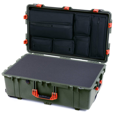 Pelican 1650 Case, OD Green with Orange Handles & Push-Button Latches Pick & Pluck Foam with Laptop Computer Lid Pouch ColorCase 016500-0201-130-151