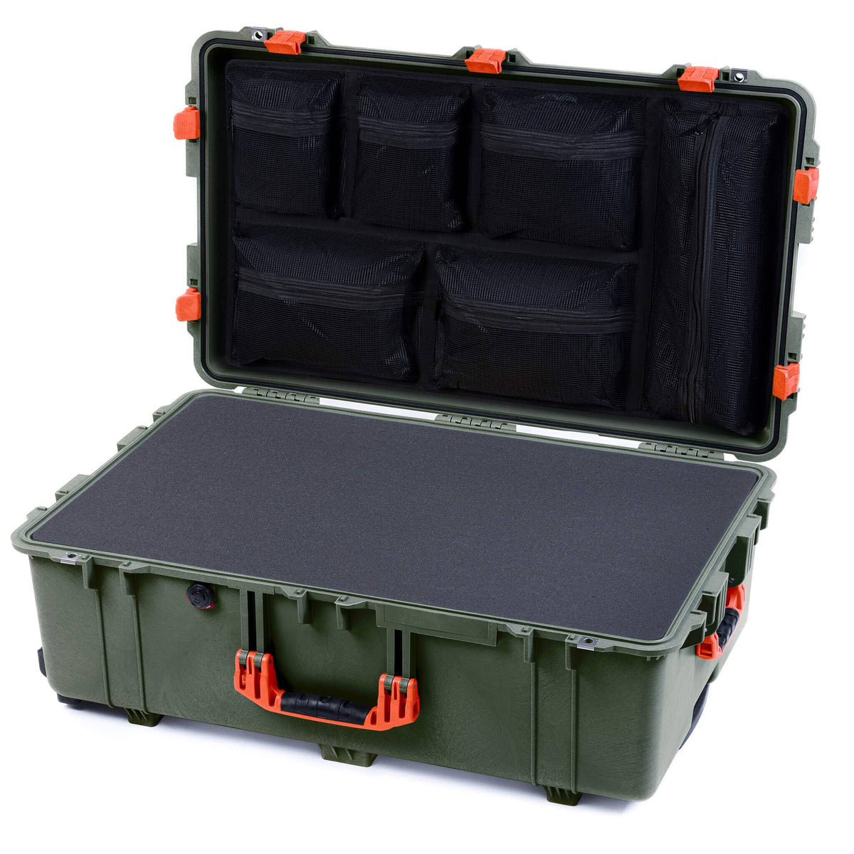 Pelican 1650 Case, OD Green with Orange Handles &amp; Latches Pick &amp; Pluck Foam with Mesh Lid Organizer ColorCase 016500-0101-130-150