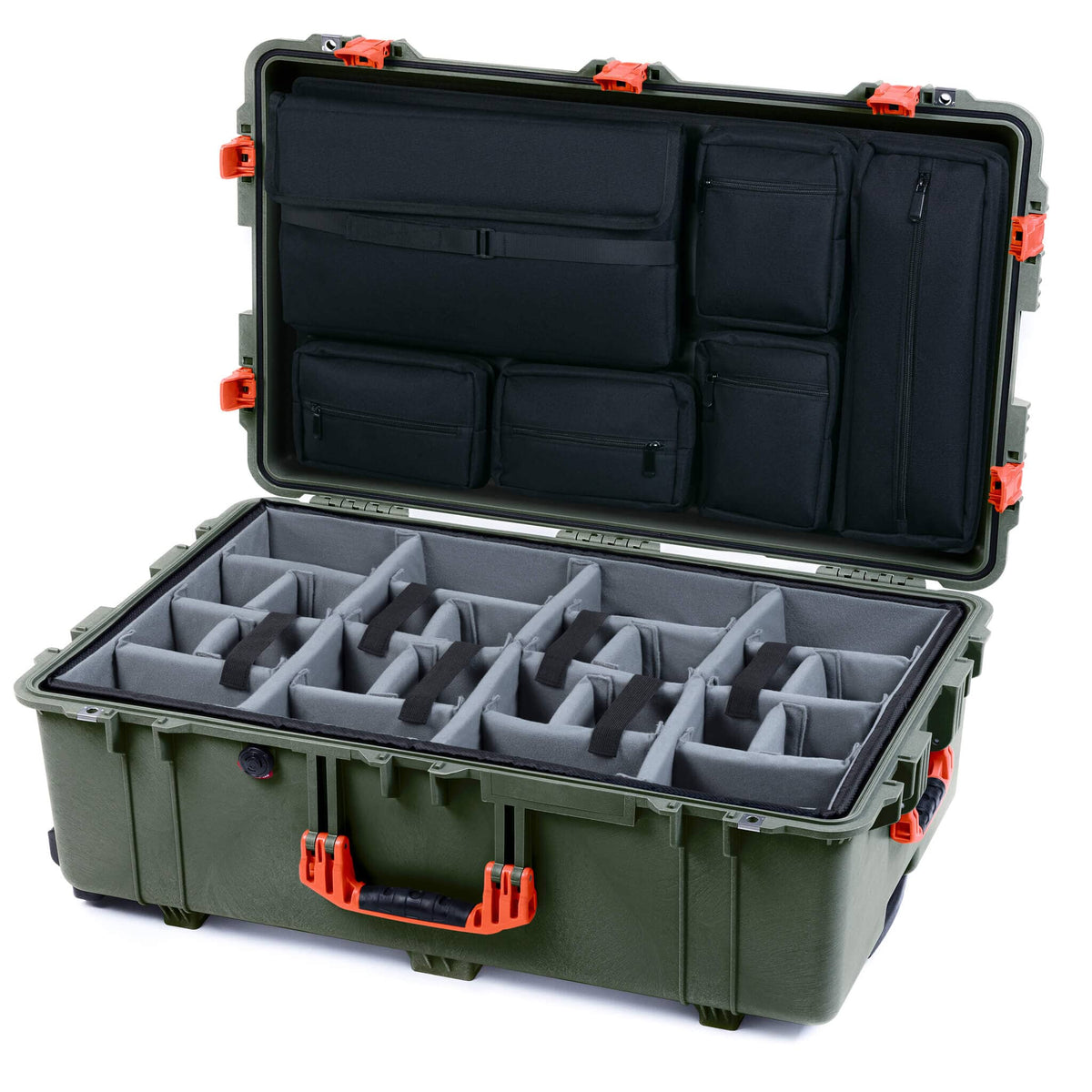 Pelican 1650 Case, OD Green with Orange Handles &amp; Push-Button Latches Gray Padded Microfiber Dividers with Laptop Computer Lid Pouch ColorCase 016500-0270-130-151