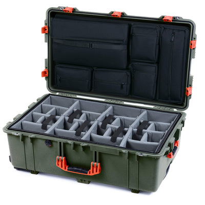 Pelican 1650 Case, OD Green with Orange Handles & Push-Button Latches Gray Padded Microfiber Dividers with Laptop Computer Lid Pouch ColorCase 016500-0270-130-151
