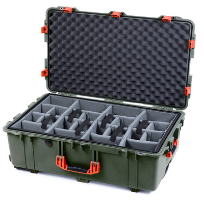 Pelican 1650 Case, OD Green with Orange Handles & Push-Button Latches Gray Padded Microfiber Dividers with Convoluted Lid Foam ColorCase 016500-0070-130-151