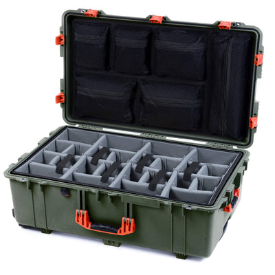 Pelican 1650 Case, OD Green with Orange Handles & Push-Button Latches Gray Padded Microfiber Dividers with Mesh Lid Organizer ColorCase 016500-0170-130-151