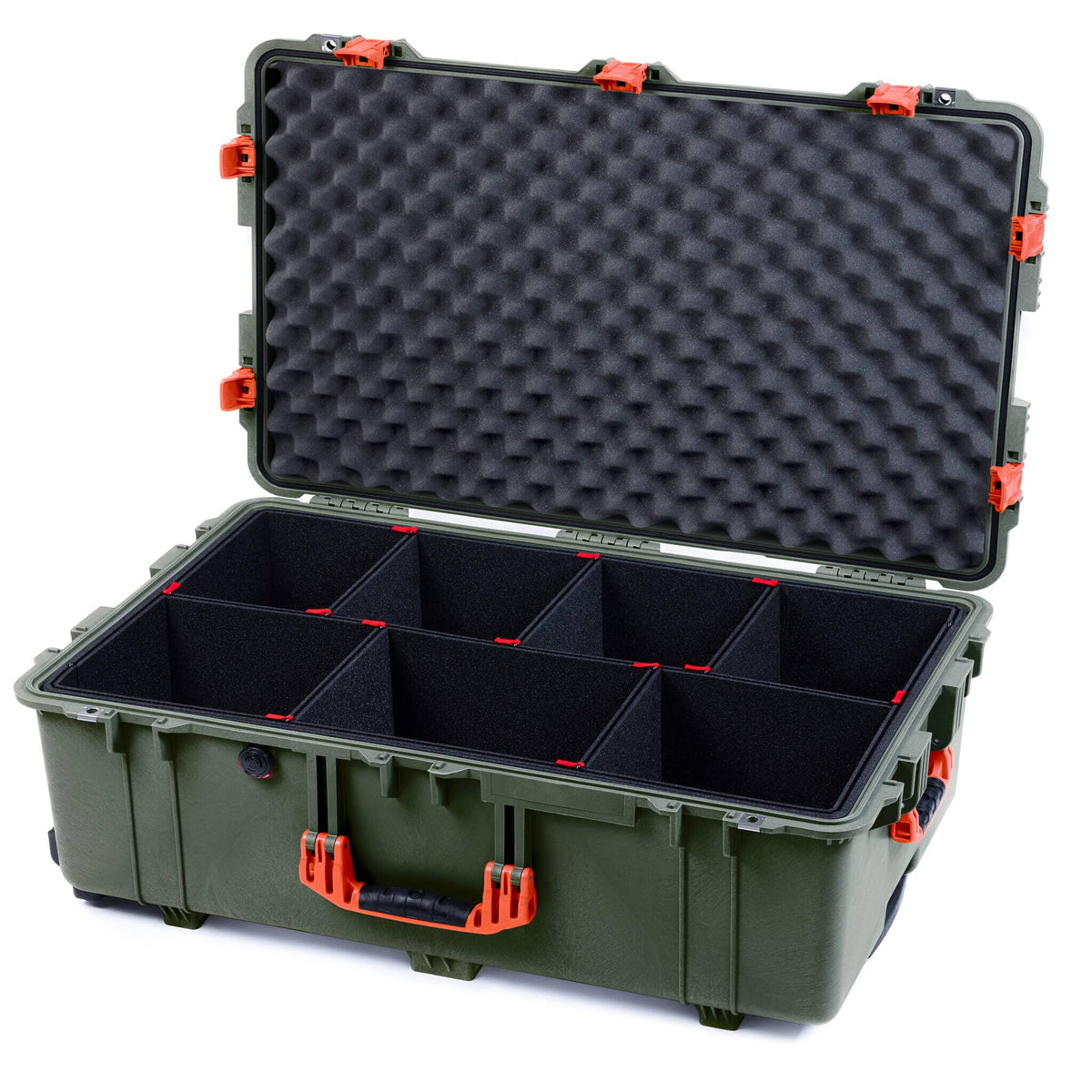Pelican 1650 Case, OD Green with Orange Handles &amp; Push-Button Latches TrekPak Divider System with Convoluted Lid Foam ColorCase 016500-0020-130-151
