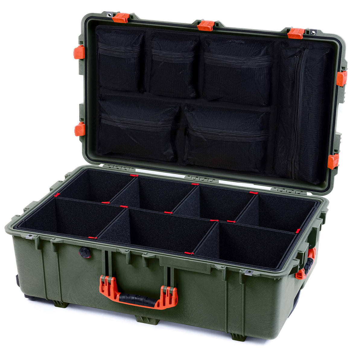 Pelican 1650 Case, OD Green with Orange Handles &amp; Latches TrekPak Divider System with Mesh Lid Organizer ColorCase 016500-0120-130-150