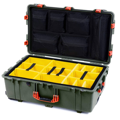 Pelican 1650 Case, OD Green with Orange Handles & Push-Button Latches Yellow Padded Microfiber Dividers with Mesh Lid Organizer ColorCase 016500-0110-130-151