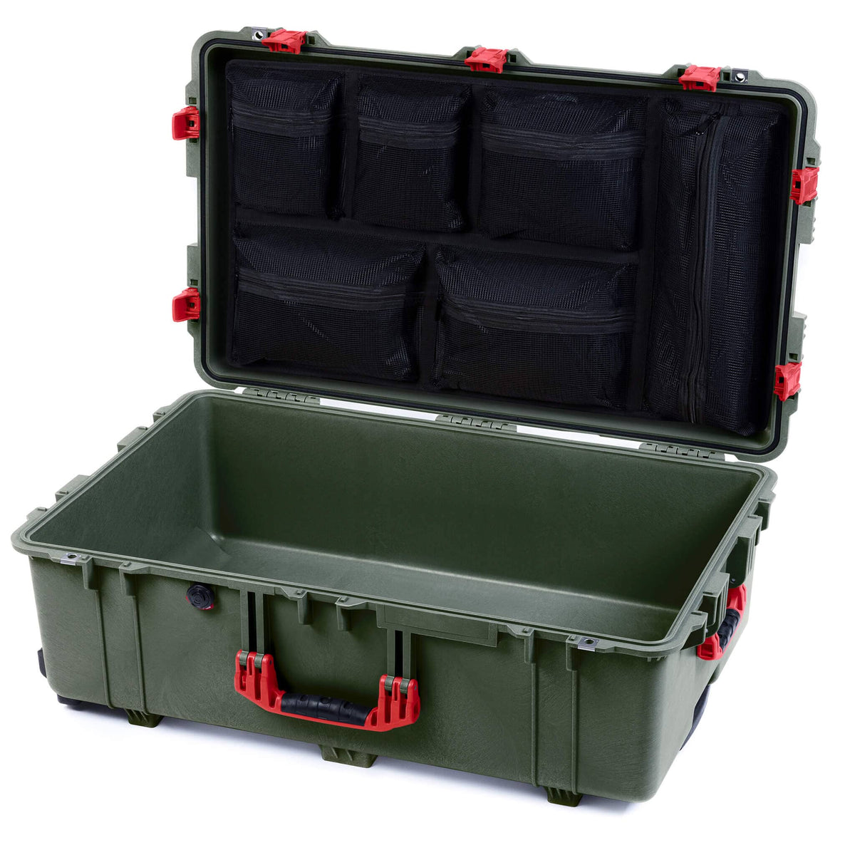 Pelican 1650 Case, OD Green with Red Handles &amp; Push-Button Latches Mesh Lid Organizer Only ColorCase 016500-0100-130-321