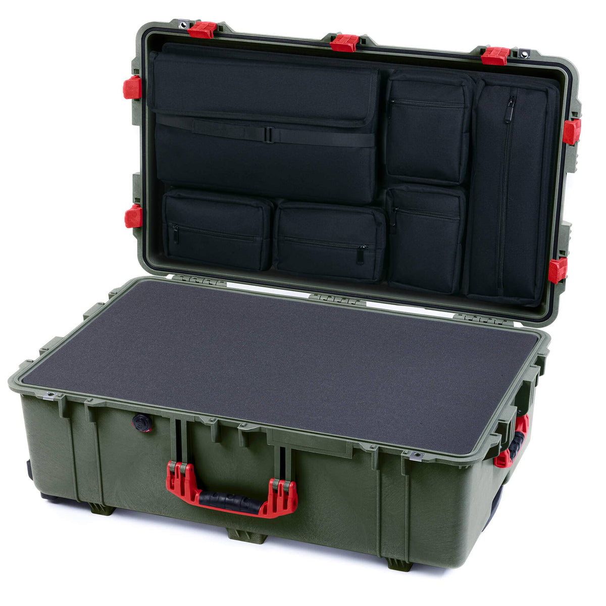 Pelican 1650 Case, OD Green with Red Handles &amp; Latches Pick &amp; Pluck Foam with Laptop Computer Lid Pouch ColorCase 016500-0201-130-320