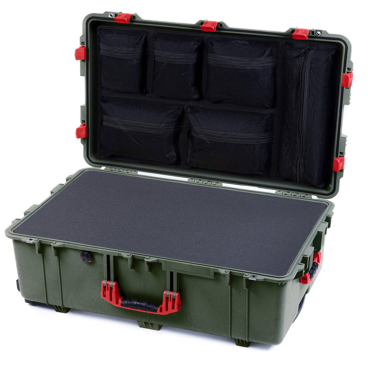 Pelican 1650 Case, OD Green with Red Handles &amp; Latches Pick &amp; Pluck Foam with Mesh Lid Organizer ColorCase 016500-0101-130-320