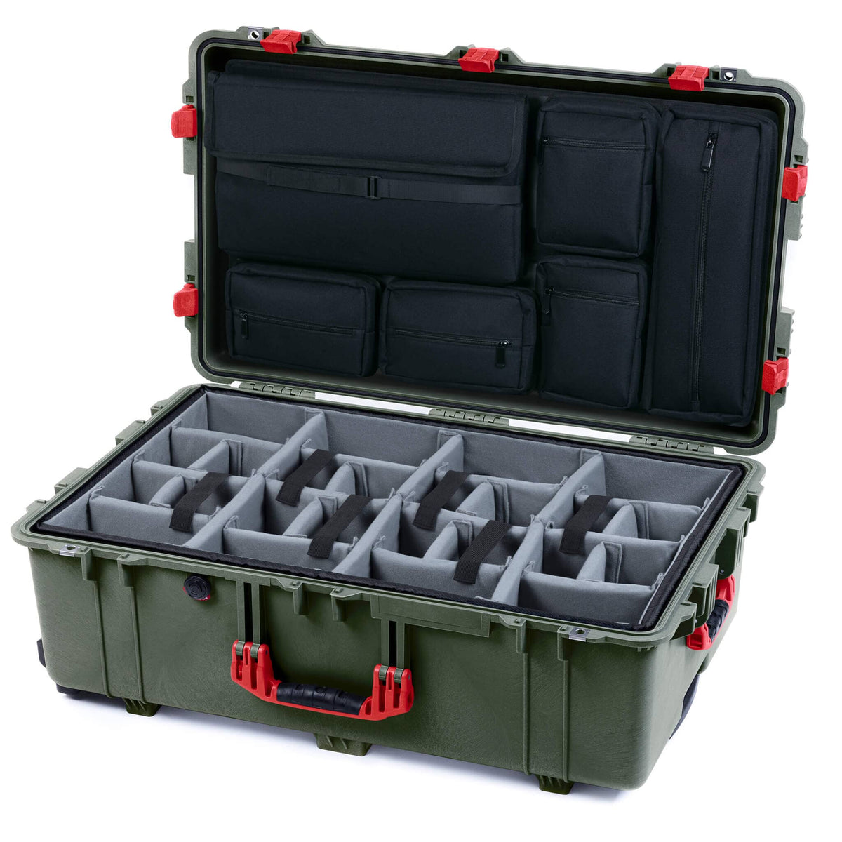 Pelican 1650 Case, OD Green with Red Handles &amp; Latches Gray Padded Microfiber Dividers with Laptop Computer Lid Pouch ColorCase 016500-0270-130-320