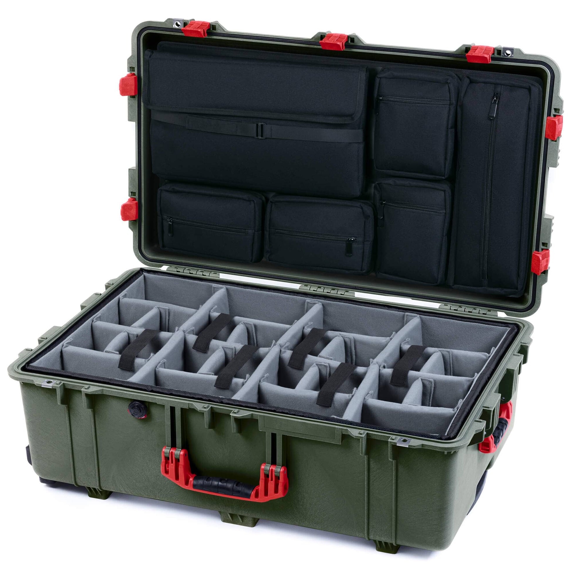 Pelican 1650 Case, OD Green with Red Handles & Latches Gray Padded Microfiber Dividers with Laptop Computer Lid Pouch ColorCase 016500-0270-130-320