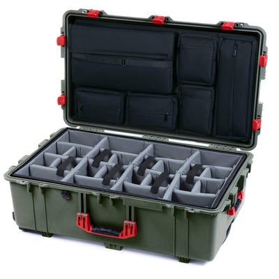 Pelican 1650 Case, OD Green with Red Handles & Latches Gray Padded Microfiber Dividers with Laptop Computer Lid Pouch ColorCase 016500-0270-130-320