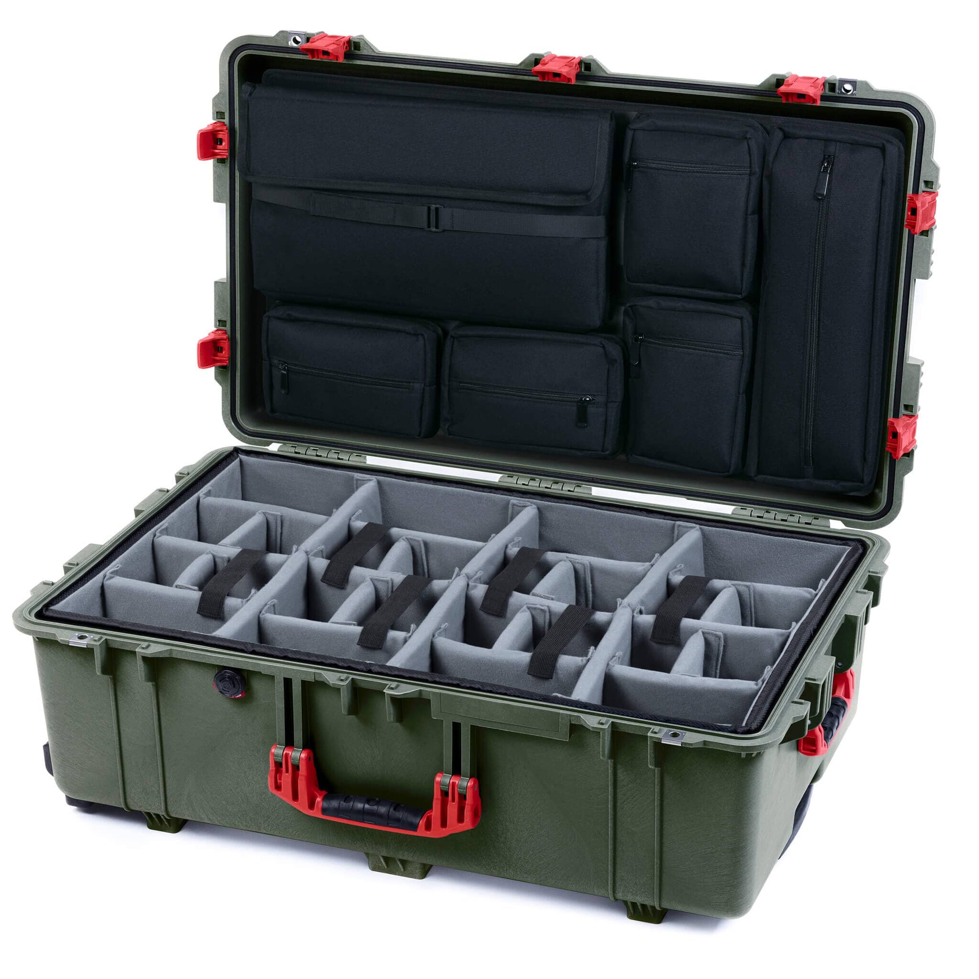 Pelican 1650 Case, OD Green with Red Handles & Push-Button Latches Gray Padded Microfiber Dividers with Laptop Computer Lid Pouch ColorCase 016500-0270-130-321