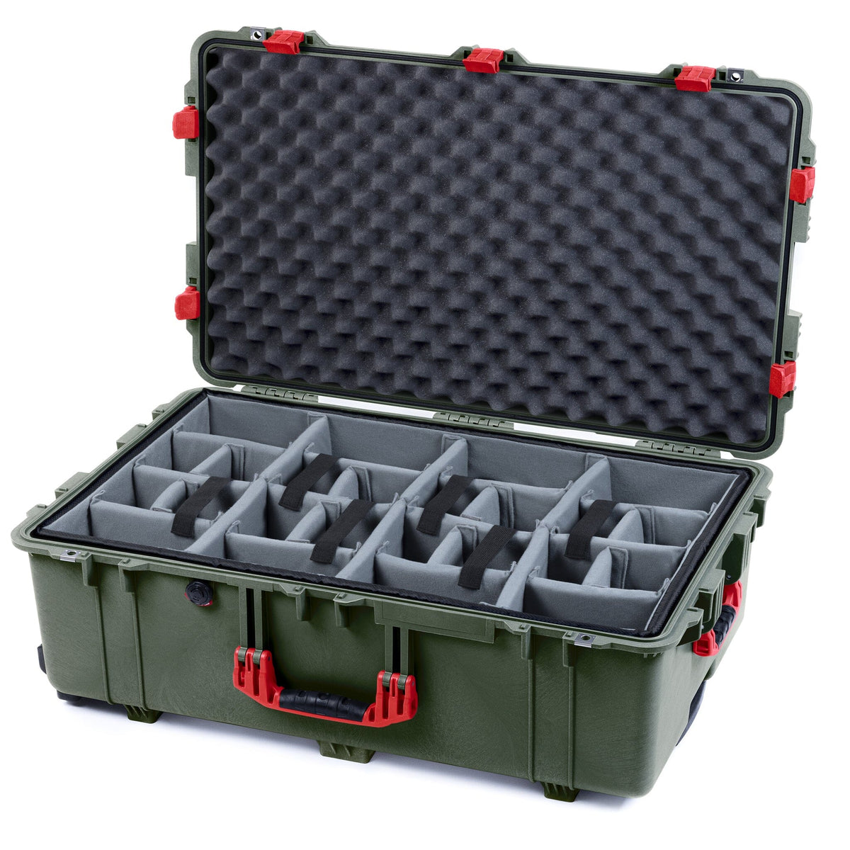 Pelican 1650 Case, OD Green with Red Handles &amp; Latches Gray Padded Dividers with Convoluted Lid Foam ColorCase 016500-0070-130-320