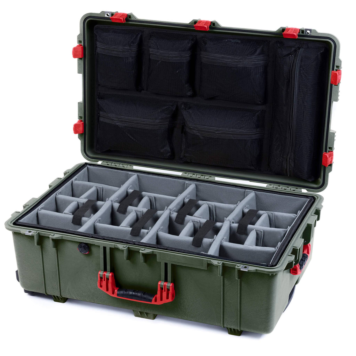 Pelican 1650 Case, OD Green with Red Handles &amp; Latches Gray Padded Microfiber Dividers with Mesh Lid Organizer ColorCase 016500-0170-130-320