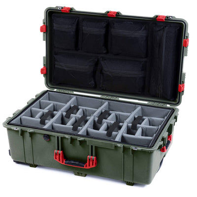 Pelican 1650 Case, OD Green with Red Handles & Latches Gray Padded Microfiber Dividers with Mesh Lid Organizer ColorCase 016500-0170-130-320