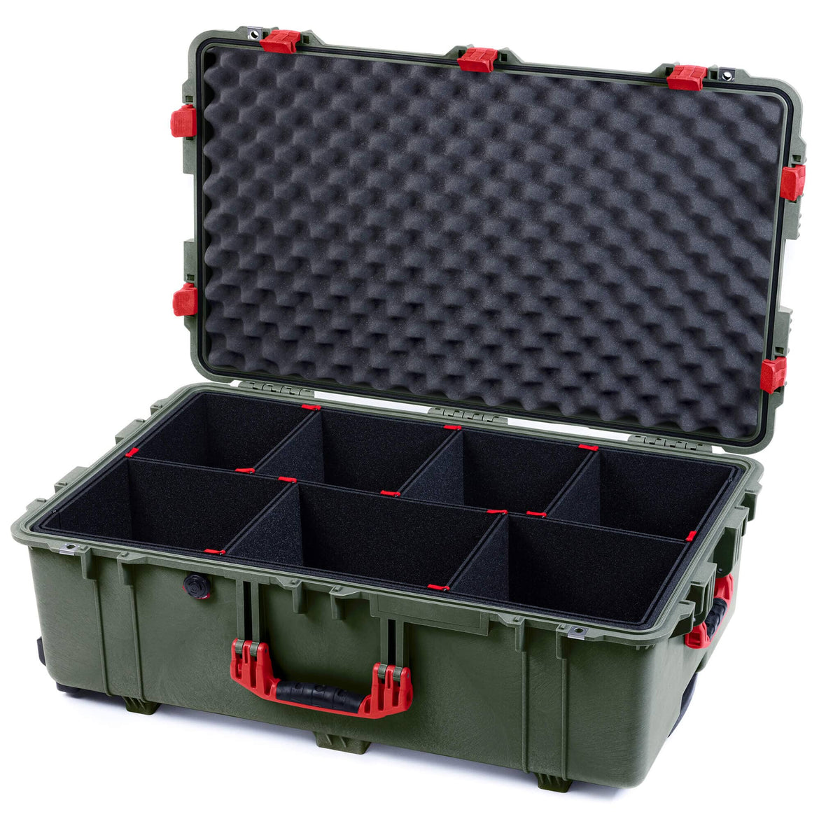 Pelican 1650 Case, OD Green with Red Handles &amp; Latches TrekPak Divider System with Convoluted Lid Foam ColorCase 016500-0020-130-320