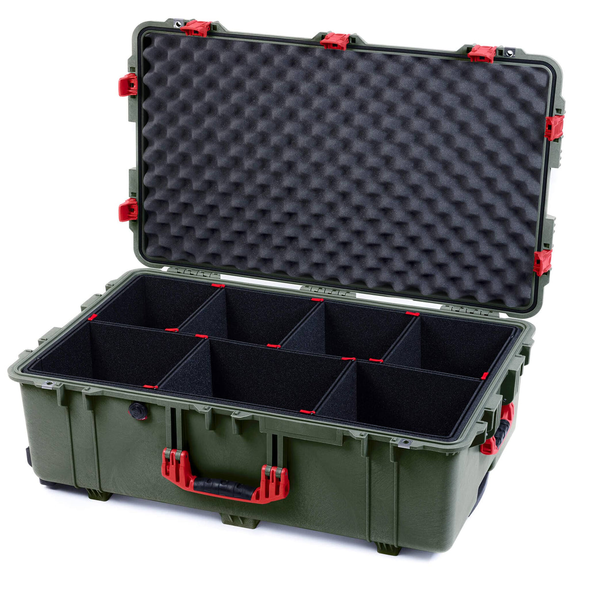 Pelican 1650 Case, OD Green with Red Handles &amp; Push-Button Latches TrekPak Divider System with Convoluted Lid Foam ColorCase 016500-0020-130-321