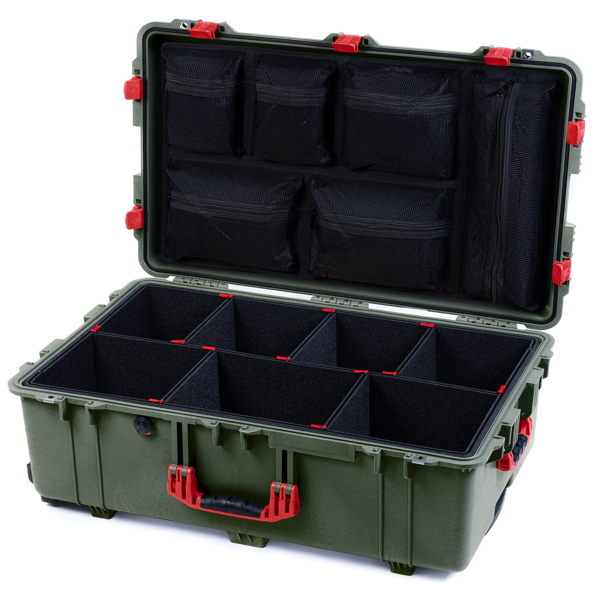 Pelican 1650 Case, OD Green with Red Handles &amp; Latches TrekPak Divider System with Mesh Lid Organizer ColorCase 016500-0120-130-320