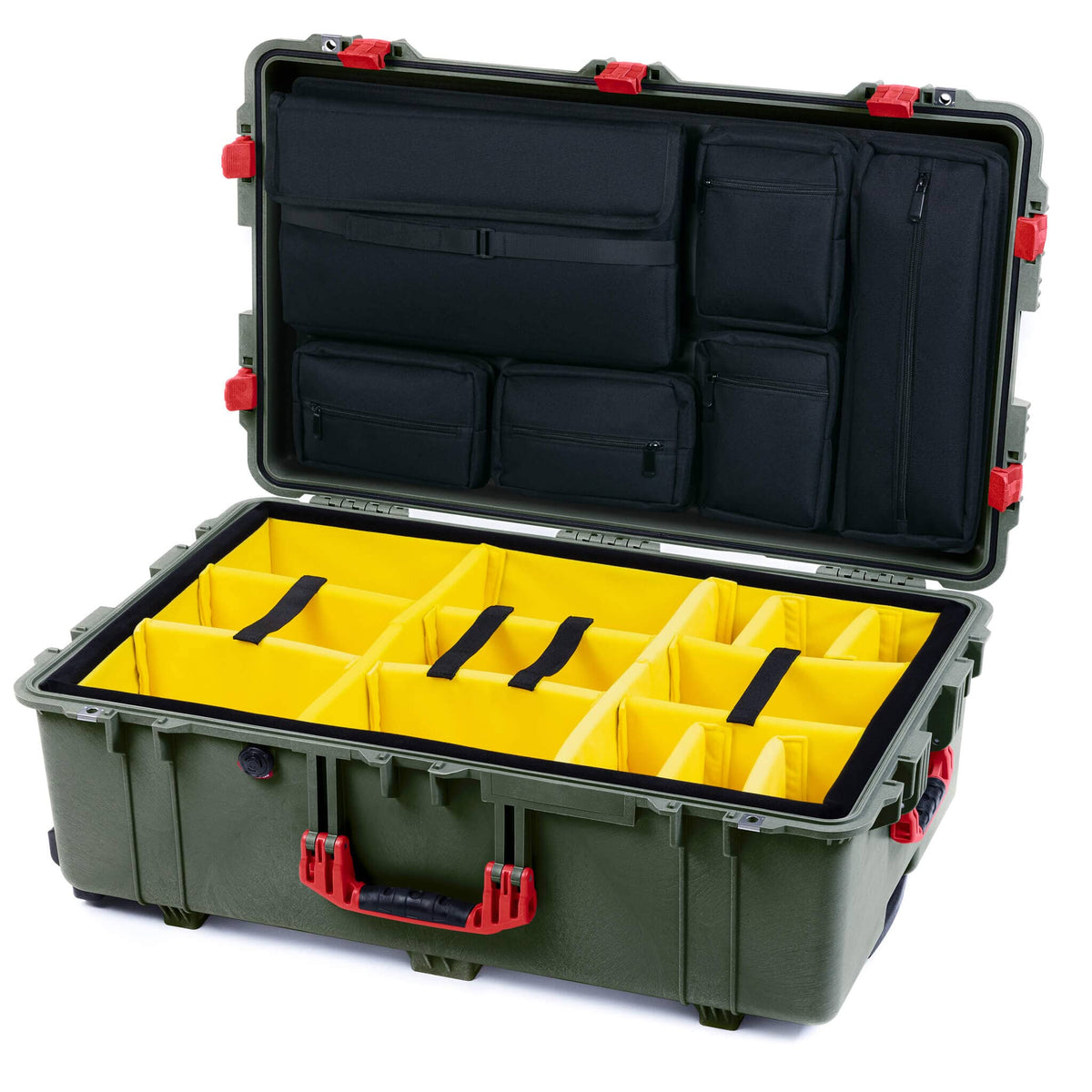 Pelican 1650 Case, OD Green with Red Handles &amp; Latches Yellow Padded Microfiber Dividers with Laptop Computer Lid Pouch ColorCase 016500-0210-130-320