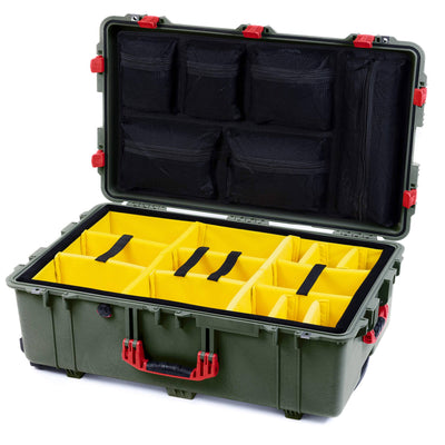 Pelican 1650 Case, OD Green with Red Handles & Latches Yellow Padded Microfiber Dividers with Mesh Lid Organizer ColorCase 016500-0110-130-320
