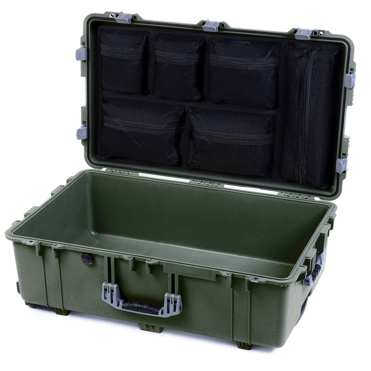 Pelican 1650 Case, OD Green with Silver Handles &amp; Latches Mesh Lid Organizer Only ColorCase 016500-0100-130-180