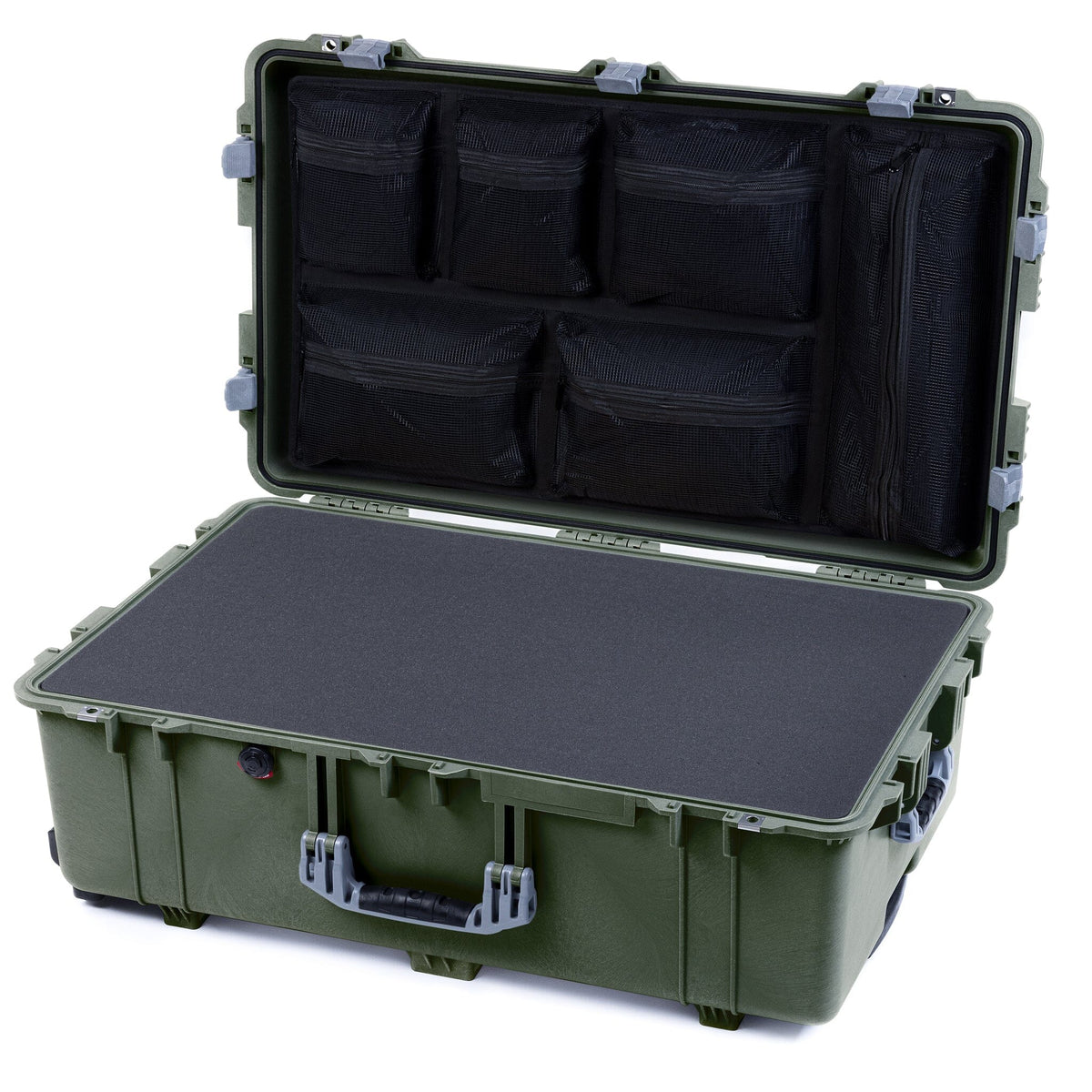 Pelican 1650 Case, OD Green with Silver Handles &amp; Latches Pick &amp; Pluck Foam with Mesh Lid Organizer ColorCase 016500-0101-130-180