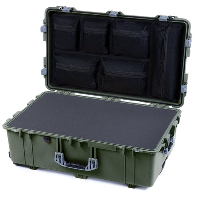 Pelican 1650 Case, OD Green with Silver Handles & Latches Pick & Pluck Foam with Mesh Lid Organizer ColorCase 016500-0101-130-180
