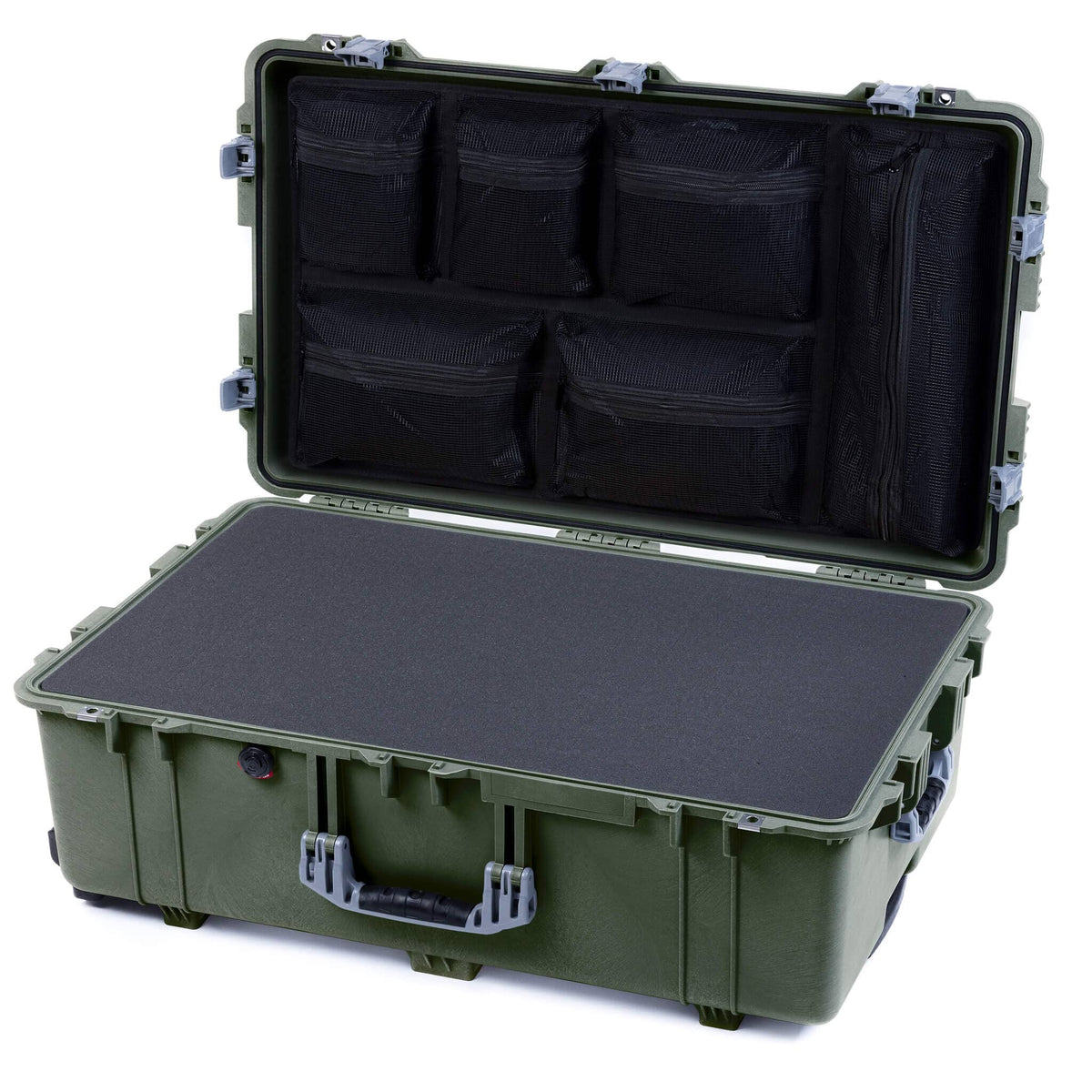 Pelican 1650 Case, OD Green with Silver Handles &amp; Push-Button Latches Pick &amp; Pluck Foam with Mesh Lid Organizer ColorCase 016500-0101-130-181