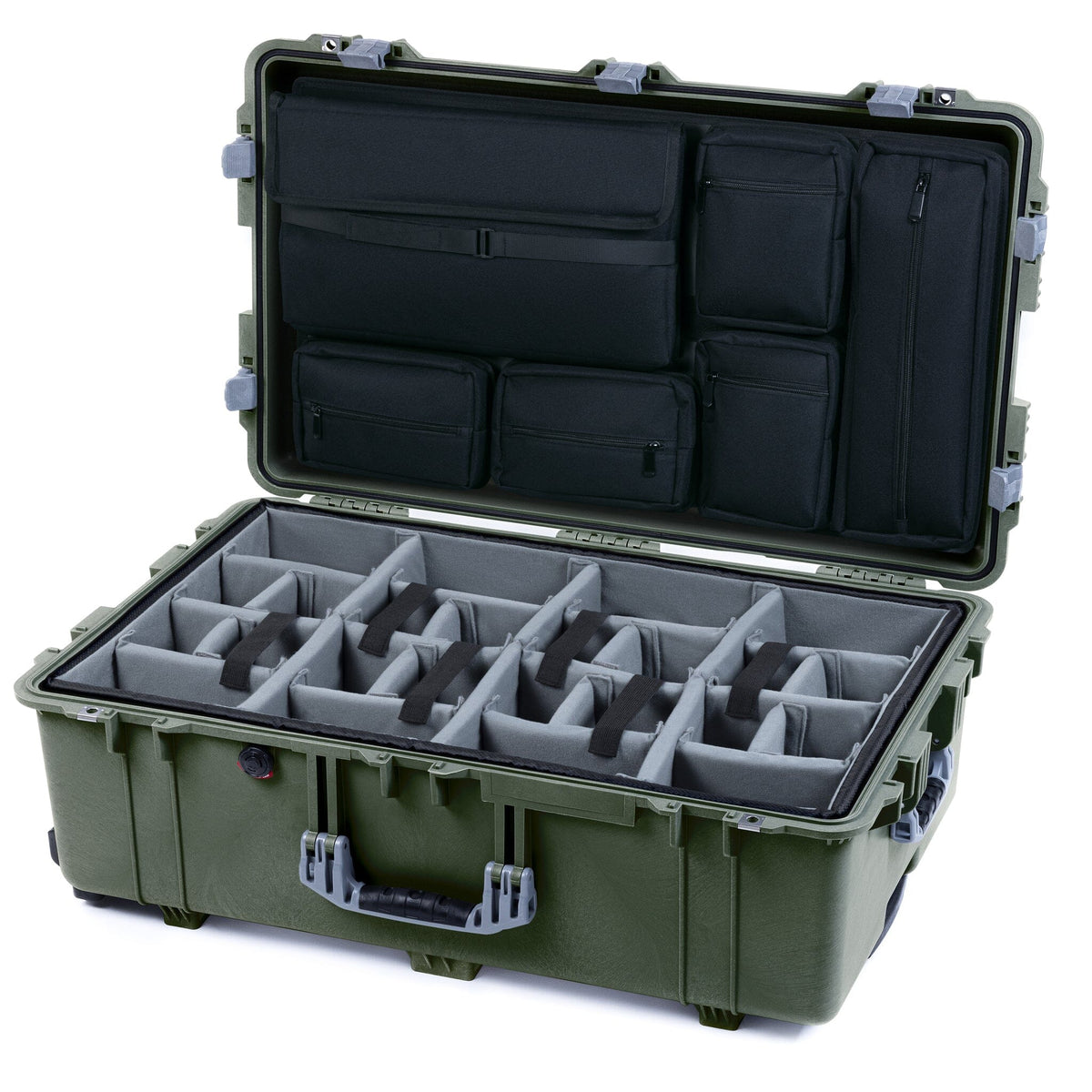 Pelican 1650 Case, OD Green with Silver Handles &amp; Latches Gray Padded Microfiber Dividers with Laptop Computer Lid Pouch ColorCase 016500-0270-130-180