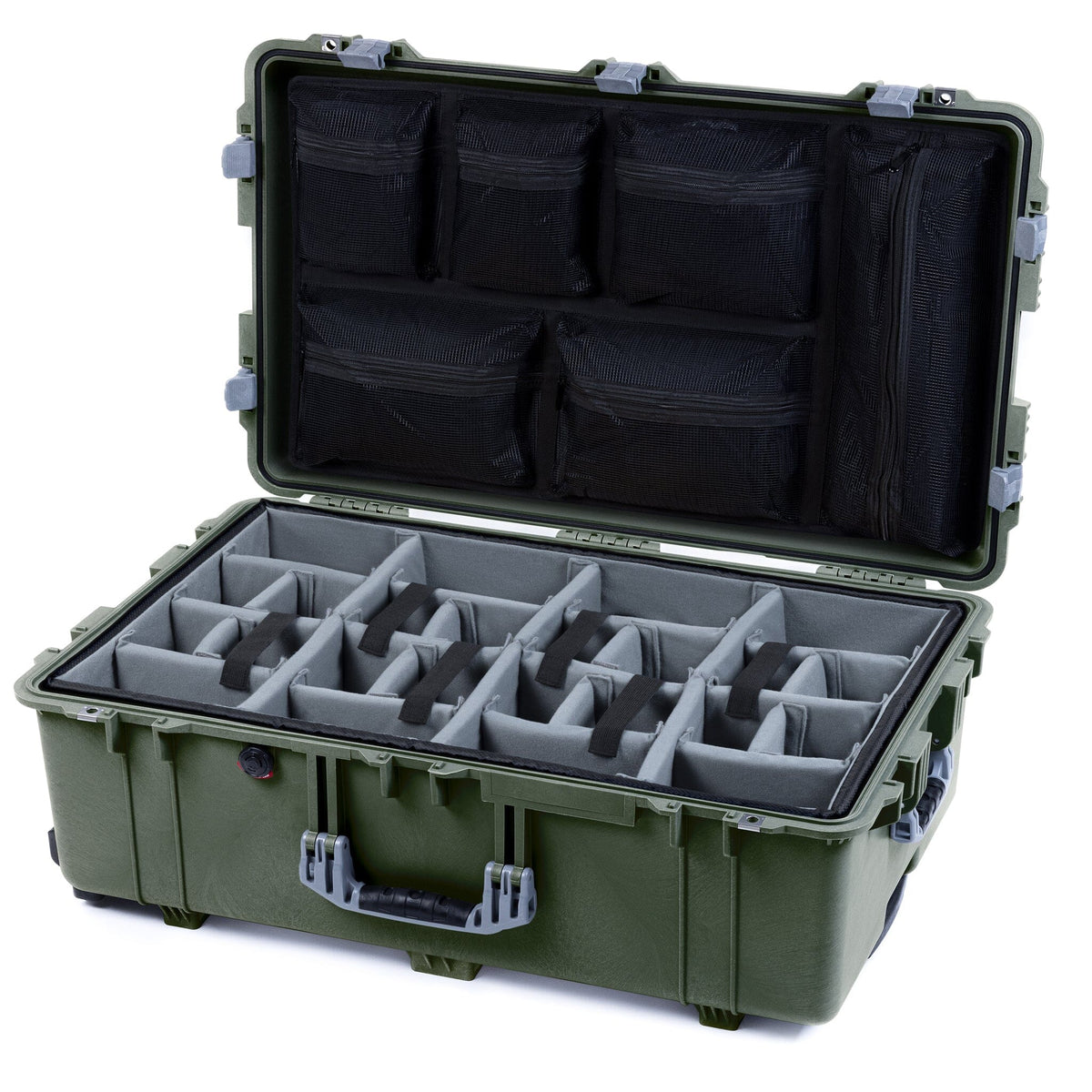 Pelican 1650 Case, OD Green with Silver Handles &amp; Latches Gray Padded Microfiber Dividers with Mesh Lid Organizer ColorCase 016500-0170-130-180