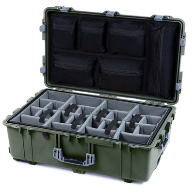 Pelican 1650 Case, OD Green with Silver Handles & Latches Gray Padded Microfiber Dividers with Mesh Lid Organizer ColorCase 016500-0170-130-180