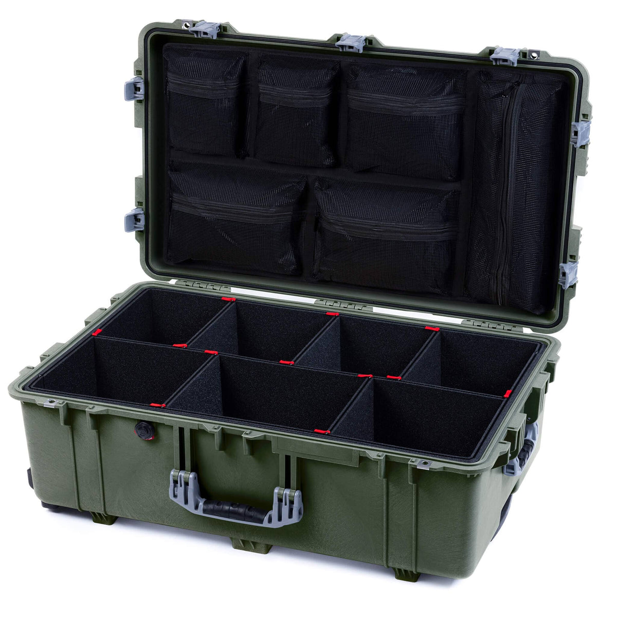 Pelican 1650 Case, OD Green with Silver Handles &amp; Push-Button Latches TrekPak Divider System with Mesh Lid Organizer ColorCase 016500-0120-130-181
