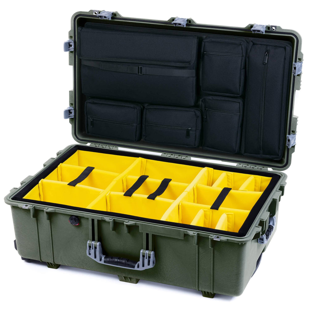 Pelican 1650 Case, OD Green with Silver Handles &amp; Push-Button Latches Yellow Padded Microfiber Dividers with Laptop Computer Lid Pouch ColorCase 016500-0210-130-181