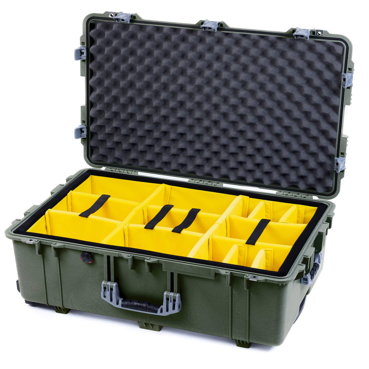 Pelican 1650 Case, OD Green with Silver Handles &amp; Push-Button Latches Yellow Padded Microfiber Dividers with Convoluted Lid Foam ColorCase 016500-0010-130-181