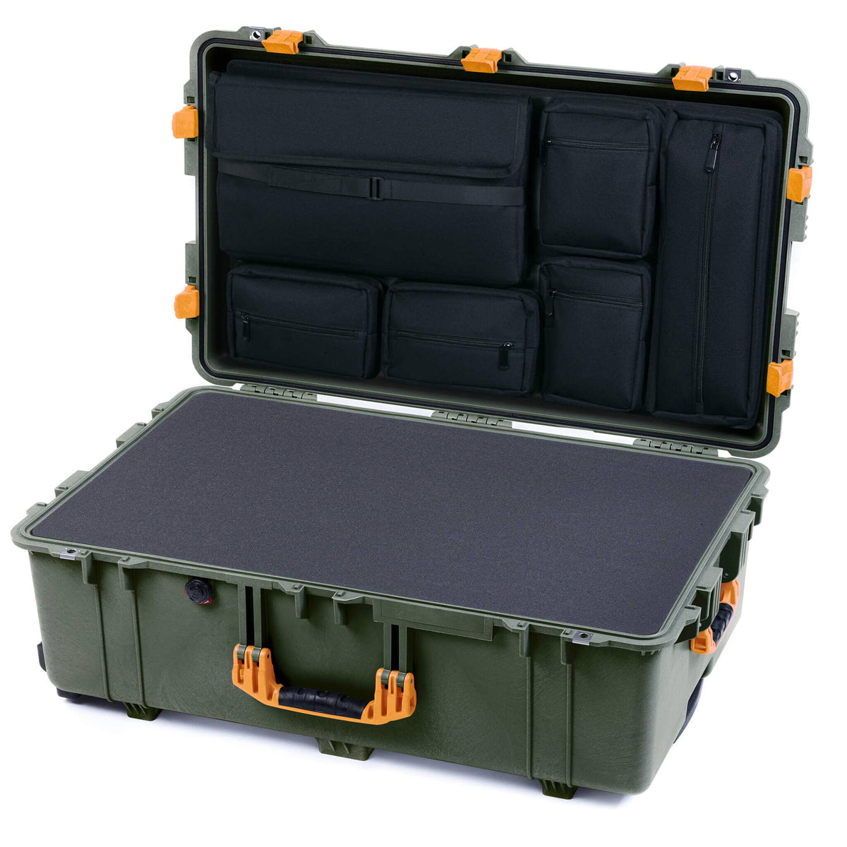 Pelican 1650 Case, OD Green with Yellow Handles &amp; Latches Pick &amp; Pluck Foam with Laptop Computer Lid Pouch ColorCase 016500-0201-130-240