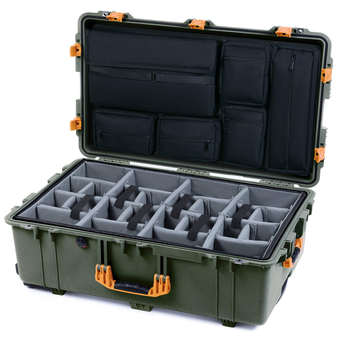 Pelican 1650 Case, OD Green with Yellow Handles &amp; Push-Button Latches Gray Padded Microfiber Dividers with Laptop Computer Lid Pouch ColorCase 016500-0270-130-241