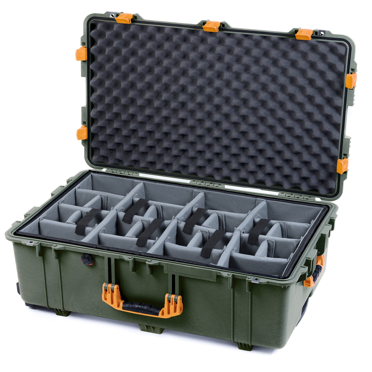 Pelican 1650 Case, OD Green with Yellow Handles &amp; Latches Gray Padded Microfiber Dividers with Convoluted Lid Foam ColorCase 016500-0070-130-240