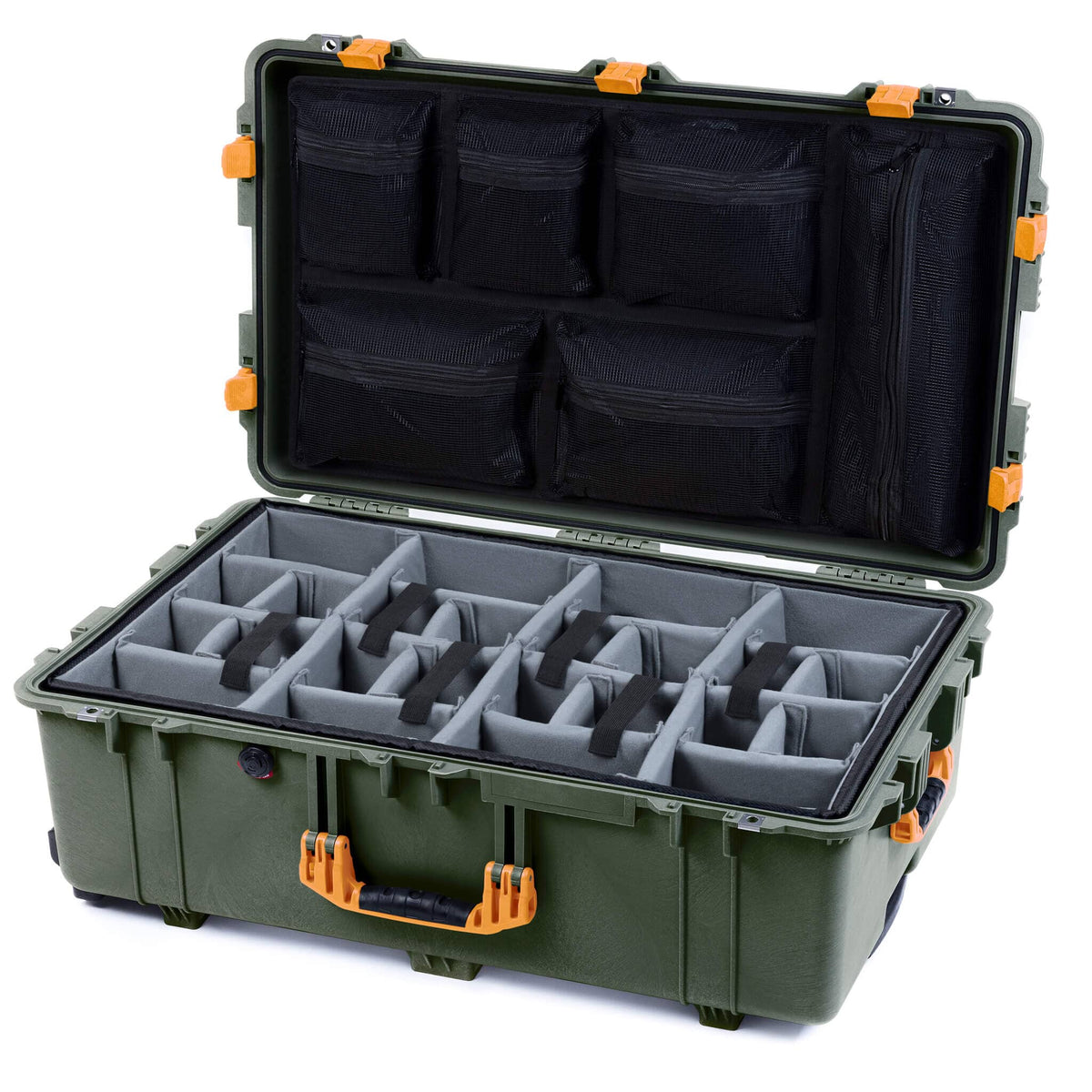 Pelican 1650 Case, OD Green with Yellow Handles &amp; Latches Gray Padded Microfiber Dividers with Mesh Lid Organizer ColorCase 016500-0170-130-240